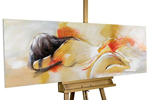 KunstLoft Leinwandbild | 100% HANDGEMALT | 150x50cm | Gemälde 'Herzenswärme' | Frau | Orange Gelb | Wandbild Wohnzimmer