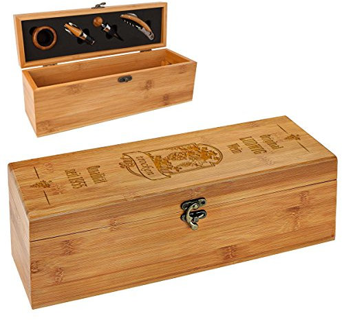 polar-effekt Personalisierte Holzbox mit Gravur - 5-teiliges Sommelier Set - Bambus Geschenkbox für Weinflasche - Weinkiste Geschenk zum Geburtstag - Motiv Qualitätswein