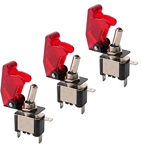 QitinDasen 3Pcs Professional Car Toggle Switch, Red Waterproof Cover Red LED Indicator, ON-OFF 2 Position 3 Pin SPST Auto Rocker Switch, for Car Auto Truck Boat (20A / 12VDC)