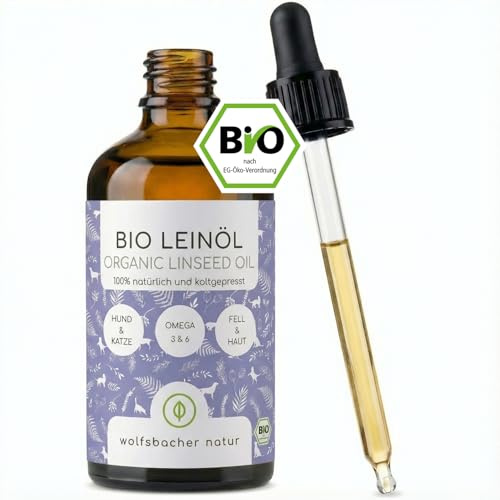 Ekologisk Linfröolja för Hundar & Katter 100ml I Naturlig och Kallpressad - Veganskt Laxoljealternativ från Tyskland I Stöd för Päls & Hud genom Omega 3, DE-ÖKO-060