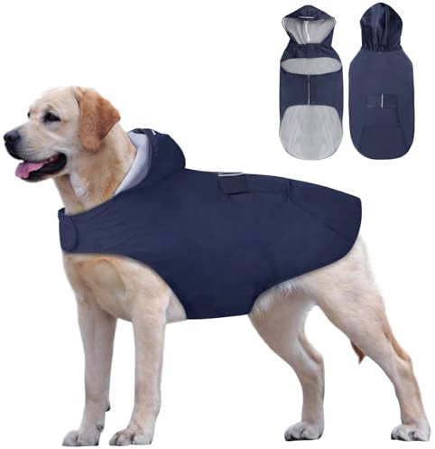 Idepet - Mantella per cani con cappuccio e foro per il collare, impermeabile e riflettente, per cani di piccola, media e grande taglia Blu Marino