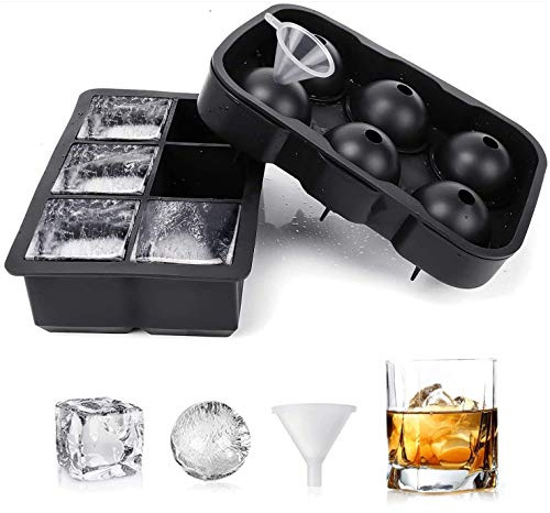 2 stampo ghiaccio, creatore di sfere di ghiaccio con sfera in silicone con coperchio e stampi quadrati grandi per cubetti di ghiaccio per whisky.
