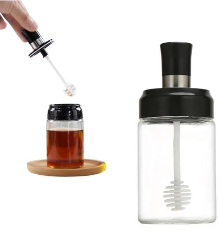 Miupoo Honey Jar with Spoon Cover,Wave Design Glass Bottle with Silicone Stir Stick,Sealed Transparent of Honey Container,Honey Pot with Spoon Lid Design Moisture Proof Kitchen Supplies