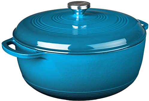 Lodge 7.5 Quart Enameled Cast Iron Dutch Oven with Lid – Dual Handles – Oven Safe up to 500° F or on Stovetop - Use to Marinate, Cook, Bake, Refrigerate and Serve – Blue