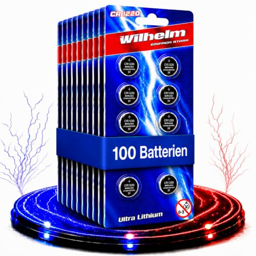 Wilhelm CR1220 Lithium Knopfzellen 3V 40mAh, ø12x2,0 mm – 100 Stück
