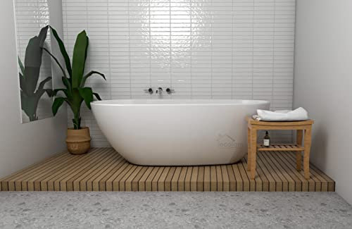 ECOLAM® exklusive freistehende Badewanne Standbadewanne moderne Wanne freistehend Kira 166x85 cm Luxus glamour + Badbank Tisch Holz Lago + Ablaufgarnitur Click Clack Design Acryl weiß