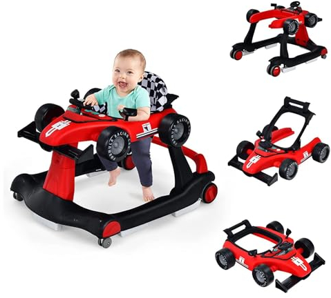 COSTWAY 4 in 1 Lauflernhilfe, Lauflernwagen klappbar mit einstellbarer Höhe & Geschwindigkeit, Baby Walker Autoförmig mit Musikbox, Licht & Rädern, Gehfrei Baby ab 6 Monaten, 12kg Belastbar(Rot)