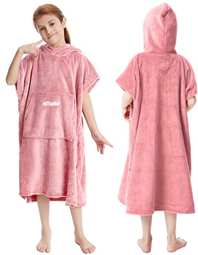 Hiturbo Kids Changing Robe Towel Poncho Bath Robe with Hooded for Beach,Swimming,Surfing Pink