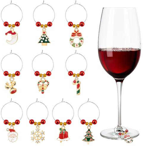 MELLIEX 10 Pezzi Natale Charms in Vetro di Vino Forma di Bicchiere da Vino Marcatori ad Anello Bevande Tag per Decorazioni per La Tavola da Bar Feste di Natale