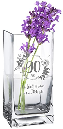 Casa Vivente Vase zum 90. Geburtstag mit süßer Gravur, Eckige Glasvase mit Alter und Spruch als Geburtstagsgeschenk für Frauen, Blumenvase für Moderne Deko