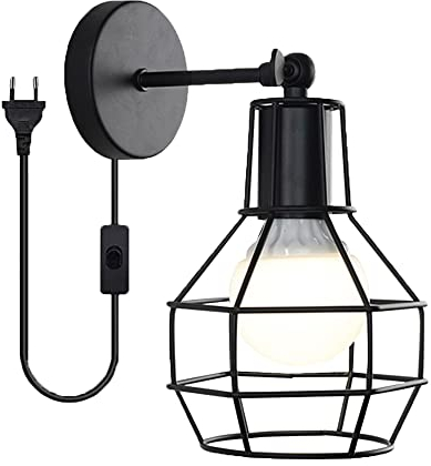 Vintage Käfig Wandleuchte mit Schalter Stecker und 1.8m Kabel Wandlampe Innen Retro Industrie Design Metall Eisen Lampen Schirm Schwarz E27 Rustikal Schlafzimmer Wohnzimmer Korridor Küche Restaurant