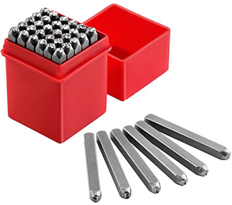 Gueenky 36 Stück Schlagzahlen Set, 4mm Schlagbuchstaben Set, Alphabet A-Z Nummer 0-9, Schlagbuchstaben Metall, Schlagstempel Zahlen zum Stempeln von Metall Kunststoff Holz Leder