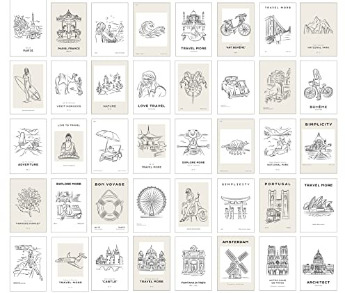 40 Piece Minimal Line Travel Art Boheme Bohemian Modern Collage Kit - Adventure Teen Room, Boho Beige White Dormitory Bedroom Decorations, Vintage Simplicity Aesthetic, 4x6 Professional Photo Prints