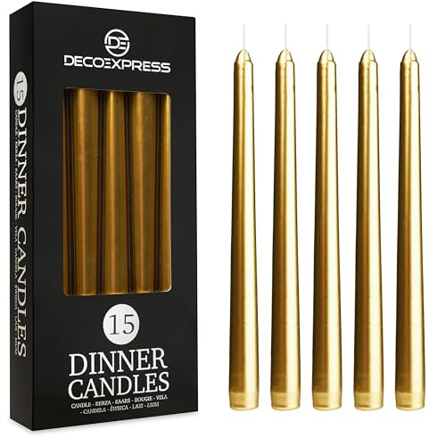 DECO EXPRESS Stabkerzen Set 6er, 10, 15 oder 50er, Lange Brenndauer bis zu 8 Std, Geruchslos(Gold, 15-er Set)