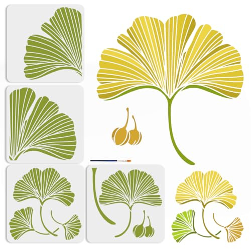 MAYJOYDIY 4 Stück Große Ginkgo-Blatt-Schablonen, 30 x 30 cm, Spleiß-Stil, Herbstblatt-Malvorlagen mit Pinsel, botanische Blätter, Wiederverwendbare Schablonen, Wandkunst, Heimdekoration