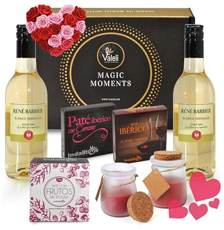 Regalo original dia de los enamorados, madre,mejor amiga, hermna. Caja delicatessen pates y vino blanco para regalar San Valentin (Blanco)