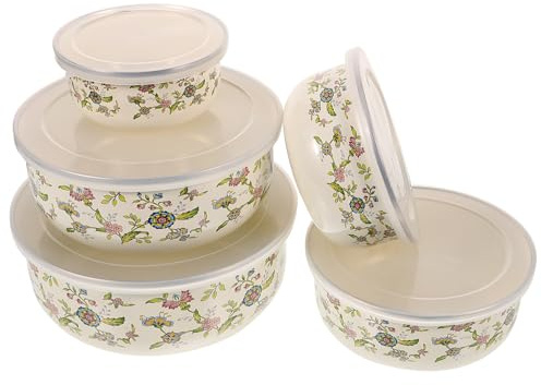 Milisten 5Pcs Enamel Bowls Set with Lids 10.30Cm Stackable Food Storage Containers for Fresh Keeping Salad Fruit Soup Mixing Kitchen Use