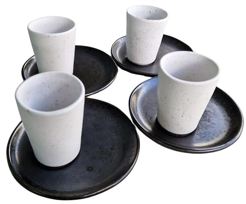 PintoCer Espressotassen-Set aus Steingut, ohne Griff, Weiß / Schwarz, 4 Stück