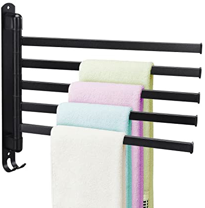 Pcscevcr Toallero giratorio, toallero giratorio de acero inoxidable montado en la pared con ganchos, barras de toalla simples, para cocina, baño, inodoro (negro, 5 rieles)