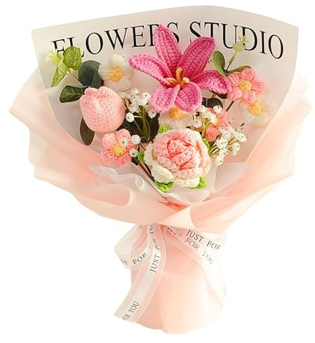 Gralara Gehäkelter Blumenstrauß, bereits hergestellter künstlicher Blumenstrauß, gestrickte Blumen für Zuhause, rosa Rosenblume