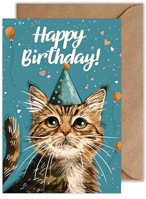 WBdesignz Katzen Geburtstagskarte mit Partyhut – Lustige Happy Birthday Grußkarte für Katzenliebhaber – Tier-Motiv Karte für Frauen, Männer, Freundinnen & Familie – DIN A6 mit Umschlag