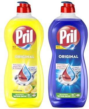 PRIL Original-Set 1x Zitrone & 1x Original, Handgeschirrspülmittel-Set mit höchster Fettlösekraft, für sauberes Geschirr auch in kaltem Wasser, 2x 675ml