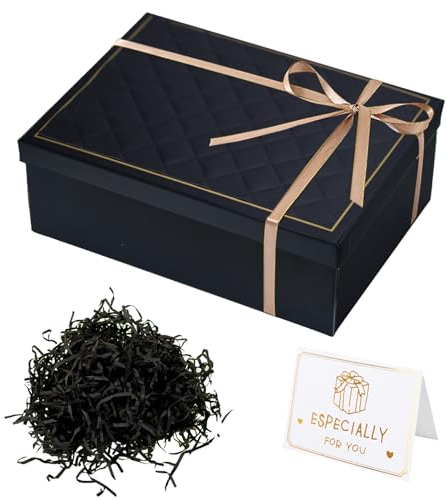 Geschenkbox mit Deckel, Faltbare Geschenkkarton mit Schleifenband Elegant Gift Box Geschenk Verpackungsbox mit Grußkarten für Geburtstag Hochzeit Jubiläum Weihnachten, Valentinstag (Schwarz)