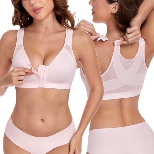 Lemorosy Damen BH Ohne Bügel Vorne Verschluss Rückenstütze Racerback Große Größen Starker Halt Vollschalen Ungepolstert Bügelloser Klassischer Bralette für Alltag Sport Postoperativer (Rosa,95C)