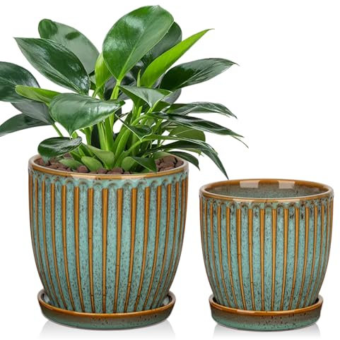 Oairse Set di 2 vasi in ceramica a coste, con foro di drenaggio, per piante d'appartamento, decorazione retrò per set di contenitori da giardino all'aperto, diametro apertura 15 cm/13 cm, blu scuro