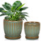 Oairse Set di 2 vasi in ceramica a coste, con foro di drenaggio, per piante d'appartamento, decorazione retrò per set di contenitori da giardino all'aperto, diametro apertura 15 cm/13 cm, blu scuro