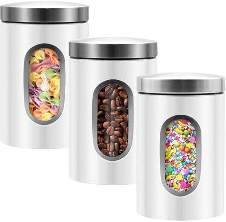 LYFJXX 3 Pieces Canisters Sets for the Kitchen, Stainless Steel Food Container Organizer with Transparent Window, Kitchen Counter Storage Jars for Coffee Tea Nuts Flour Sugar (White)