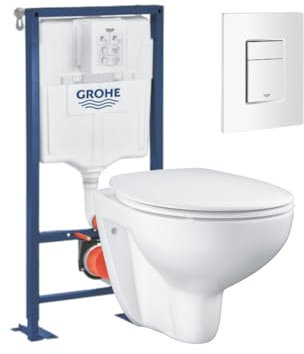 GROHE Pack WC Suspendu sans Bride BAU Ceramic + Bâti Support Solido + abattant + Plaque carré Blanc Alpin