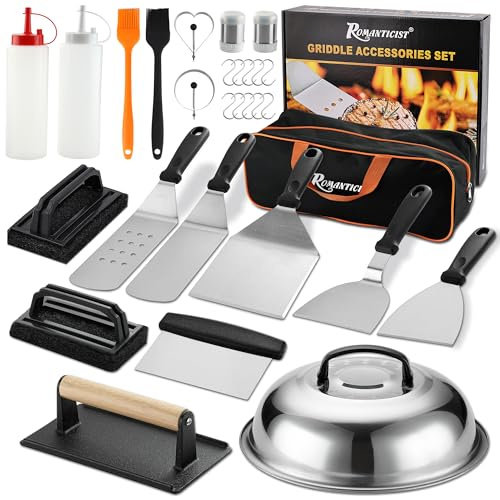ROMANTICIST 29PCS Griddle Accessories Set - Flat Top Teppanyaki Spatula Set with Scraper, Basting Cover for Camp Chef- Home Cooking Griddle and Outdoor BBQ Gifts for Christmas