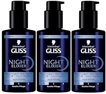Gliss Night Elixier Aqua Revive (3x 100 ml), Haarserum versorgt normales bis trockenes Haar im Schlaf mit Feuchtigkeit, Haarpflege repariert das Haar langanhaltend