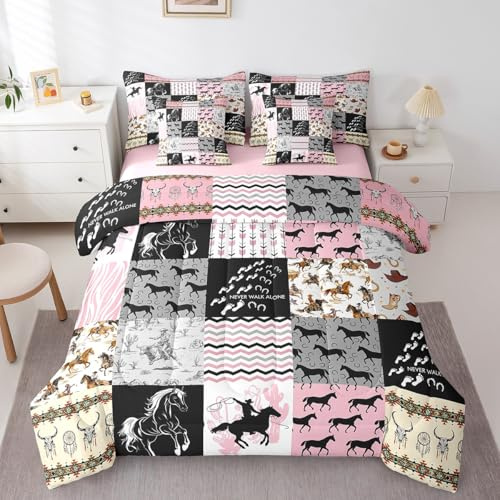 Erosebridal Pink Western Cowgirl Bedding Set 7 Piece Queen Comforter Set with Sheets for Girls Kids Wild West Cactus Horse Bull Bed in A Bag Plaid Dream Catcher Feather Arrow Bed Set Cowgirl Decor