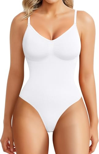 Gotoly Shapewear Damen Body Shaper Bauchweg Stark Formend Bodysuit Abnehmen Shaping Miederbody Nahtlose Formende Bodys Sculpting Tanga mit Verstellbarer Schultergurt (Weiß, M-L)
