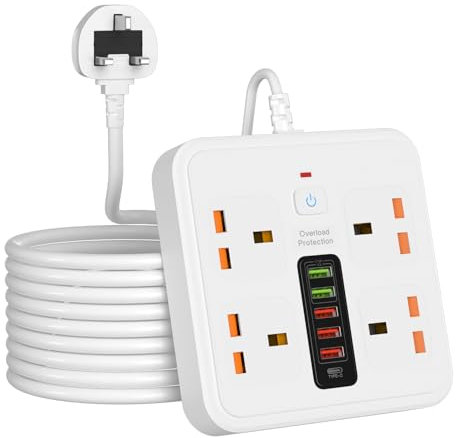 Extension Lead with USB Slots 4 AC Way Outlets, 3M/9.84FT Power Strip,5 USB+1 Type-C Slots Charging Surge Protected Electrical Cords,UK Multi Plug Adapter Extension Cable for Home Office (White)