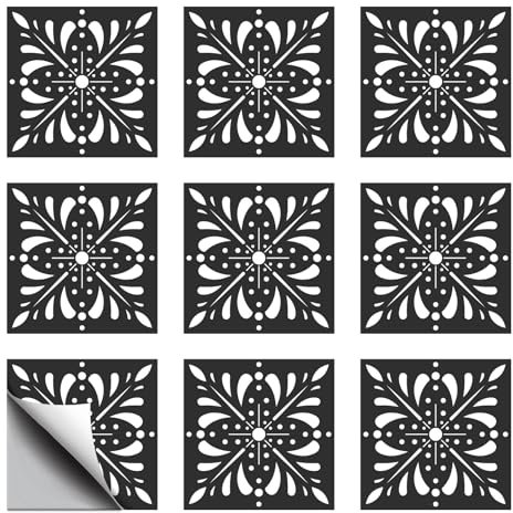 CHGCRAFT 18 Pz Bianco e nero fiori geometrici piastrelle adesivi impermeabile piastrelle adesivi autoadesivi Peel and Stick per cucina bagno parete pavimento decorazione, geometrica, 6x6 pollici