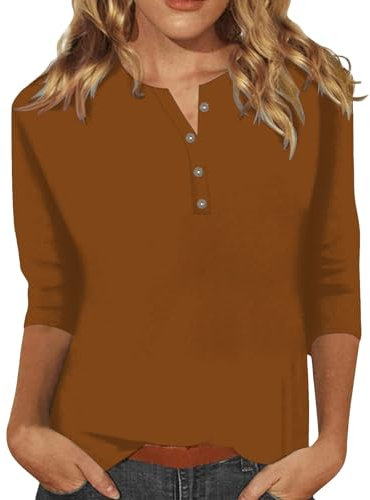 Modisches Damen-T-Shirt mit Knöpfen und DREI Viertelärmeln, einfarbig Stofftaschentücher Bio (Brown, S)