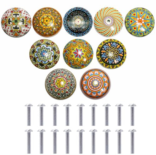 Auped Pack of 10 Keramikgriffe Möbelgriffe Bohemischer Stil Schrankgriffe 39mm Runde Schubladen- und Türgriffe mit verschiedenen Mustern für Schrank, Schubladen, Schränke