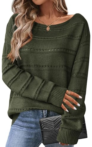 HOTOUCH Jerseys para Mujer UK Manga Larga Otoño Invierno Suéter Suave Calado Pullover Top Largo Fuera del Hombro Jersey de Punto, Ejercito Verde, XXL