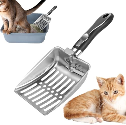 Paletta per lettiera in acciaio inox, strumento di setacciatura resistente, manico lungo ergonomico, portatile, ideale per la vita in appartamento, viaggi, casa, pulizia interna del gatto, 25,5 x 10,7