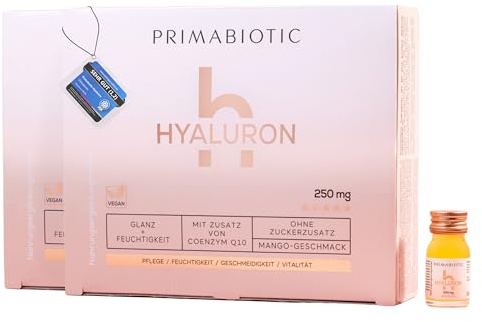 Hyaluronsäure Trinkampullen – Primabiotic Hyaluron 250 mg | 60 Shots à 30 ml (1800 ml) | Veganer Flüssiger Beauty Drink mit Mangogeschmack | Für Tiefenhydration & Elastisches, Glattes Hautbild