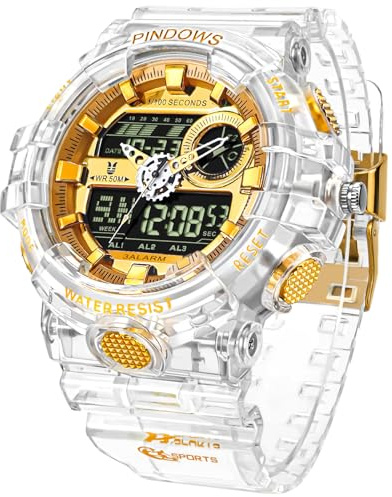 PINDOWS Relojes para hombre, luz LED, reloj deportivo grande digital analógico de doble hora, multifuncional, reloj de pulsera militar, 3 alarmas, cronómetro de cuenta regresiva, G603N2: oro blanco