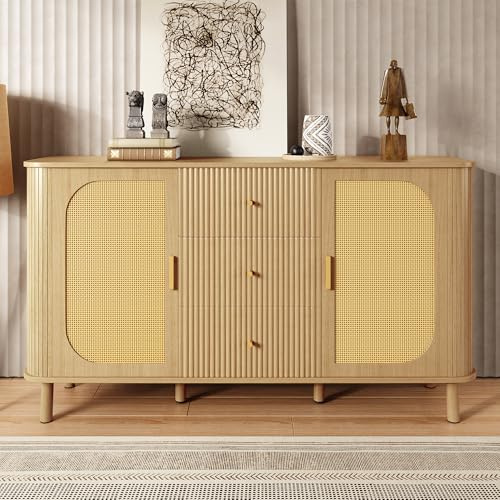 Merax Rattan Sideboard Kommode mit 2 Rattantüren und 3 Schubladen, Sideboard Holz Küchenschrank Buffet mit Metallbeine in Holzmaserung, Elegantes geschwungenes Design, Eiche/140x40x80cm
