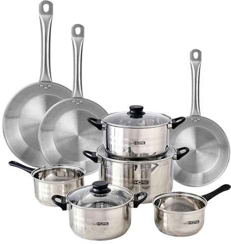 Well Home Set de batterie de cuisine 8 pièces et poêles en acier inoxydable Ø20 Ø24 et Ø28 x 5 cm, convient pour induction et sans antiadhésif