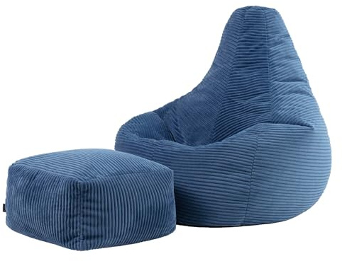 Icon Dalton Sitzsack Cord und Hocker mit Füllung, Blau | In Deutschland Hergestellt, Sitzsack Erwachsene, Weicher Cordstoff, Gaming Sitzsack für Wohnzimmer und Schlafzimmer