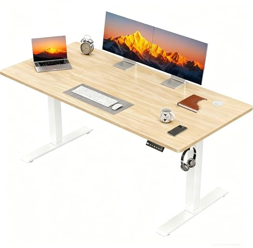 JUMMICO Höhenverstellbarer Schreibtisch, 110 x 60 cm, Elektrisch Schreibtisch Höhenverstellbar, Ergonomischer Steh-Computertisch, Beige