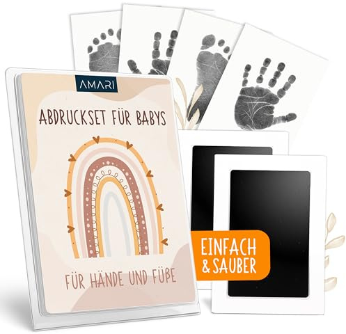 AMARI ® Baby Handabdruck & Fußabdruck Set – Stempelkissen für Neugeborene – Baby Abdruckset Geschenk zur Geburt & Babyparty – Sicheres Abdruck Set inkl. 2 Stempelpads & 4 Karten