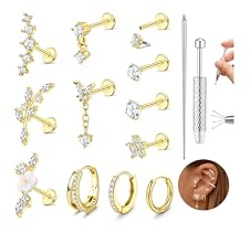 Adramata Helix piercingsmycken kirurgiskt stål platt baksida ring stiftörhänge set för flera piercingar intern tråd broskörhängen för kvinnor guldpläterad/silver tragus piercing smycken, rostfritt